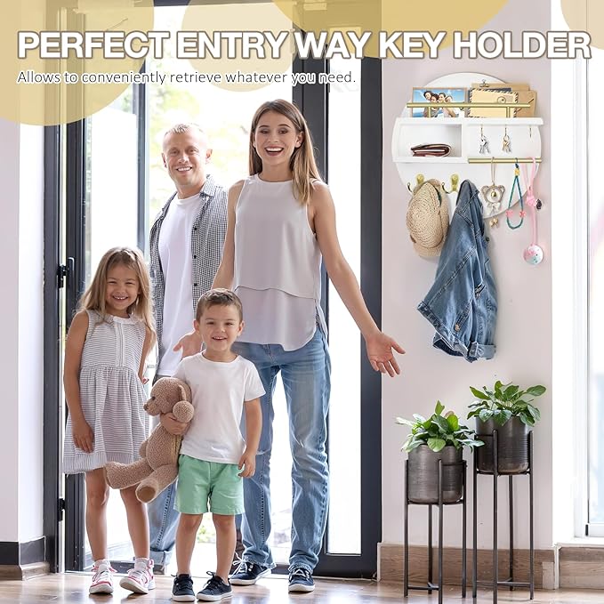 kuaima Key Holder Wall Mount, Round Wooden Key Rack with Shelf, Sunglasses Hanger, Storage Box, Multi Hooks, 12 Inch, White a