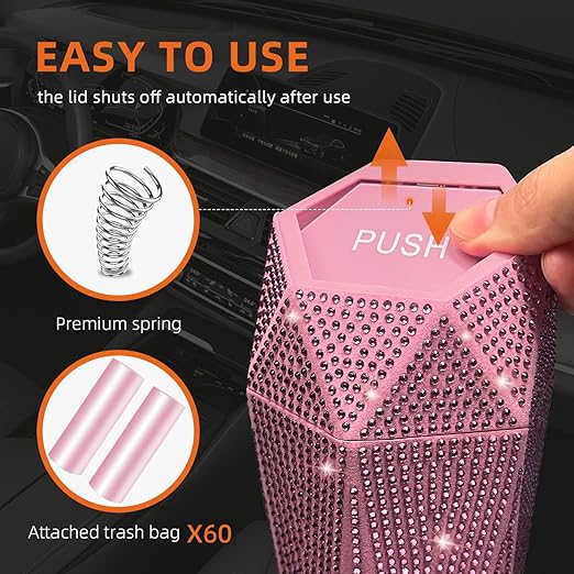 NBTEPEM 2 PCS Bling Car Trash Can with Lid, Bling Car Accessories Trash Bin, Leakproof Auto Garbage Can with 60 Trash Bags, Multipurpose Organizers and Storage for Home, Office (Pink Diamond)