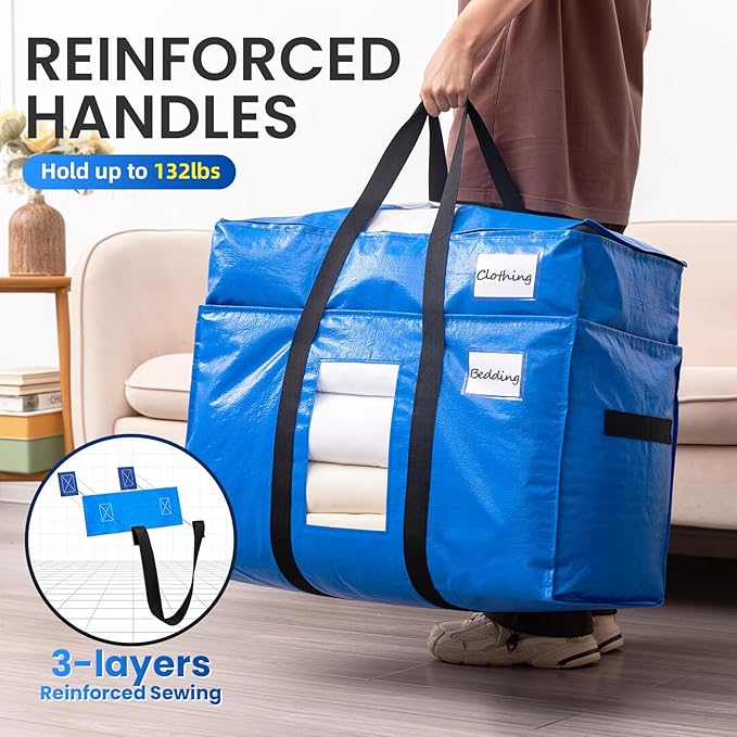 TAILI 2 Tier Extra Large Moving Bags, 4 Pack Blue Heavy Duty Totes for Storage with Visible Window, Wrap Around Handles, Stor