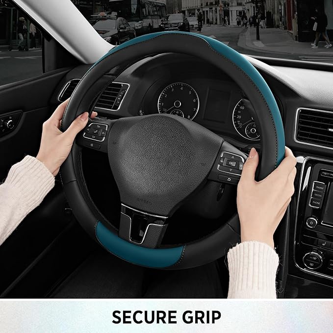 Road Comforts Steering Wheel Cover, Breathable Anti-Slip Leather Steering Wheel Cover, Universal Fit 14.5–15 Inch, Comfortabl