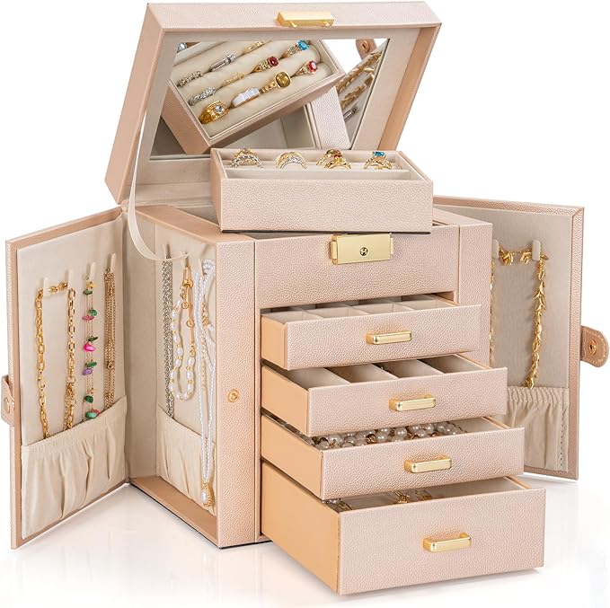 AKOZLIN 5-Tier Jewelry Box Leather Jewelry Storage Organizer with 4 Drawers Lockable for Women Girls Ring Necklace Earring Br