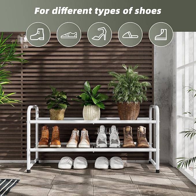 SUFAUY 2 Tier Shoe Rack for Closet, Metal Mesh Shoe Organizer, Stackable Heavy Duty Shoe Shelf, White
