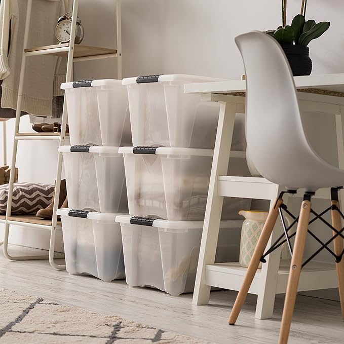 IRIS USA 32 Qt Stackable Plastic Storage Bins with Lids, 6 Pack - BPA-Free, Made in USA - Discreet Organizing Solution, Latch