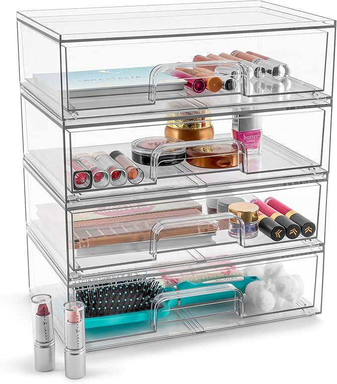 Sorbus Acrylic Storage Containers - 4 Pack, Stackable Storage Bins Set for Bathroom Organization - Clear Acrylic Drawer Organ