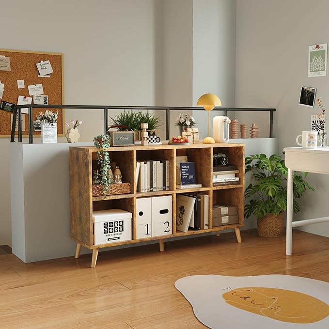 8-Cube Bookshelf 2 Tier Retro Bookcase with Legs, 11in Shelf Opening, 47" Wood Bookshelves Storage Organizer Shelf, Freestand