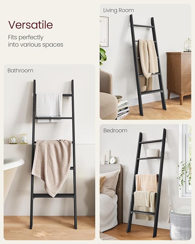 VASAGLE Blanket Ladder Decorative Farmhouse for The Living Room, 5-Tier Ladder Shelf, Ladder Rack for Storage and Decor, Ebon