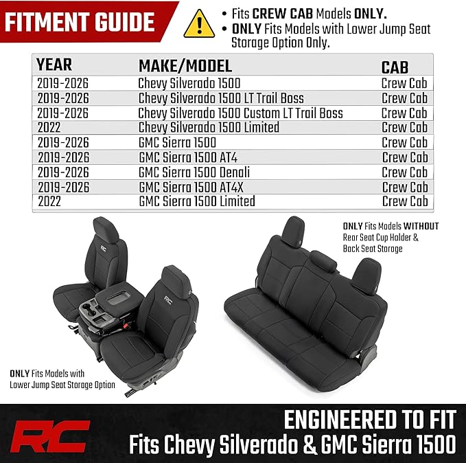 Rough Country Neoprene Seat Covers for Chevy Silverado & GMC Sierra 1500 (2019-2026) w/No Rear Seat Storage or Cup Holder - W