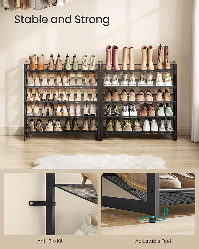 SONGMICS Shoe Rack, 10-Tier Shoe Organizer, Metal Rack for Garage, Set of 2, 5-Tier Stackable Shelf, with Adjustable Flat or 