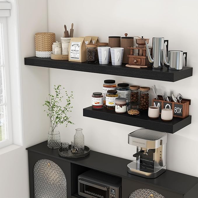 12 Inch Deep Floating Shelves | 55 Inch Black Floating Shelves | 55" W x 12" D Rustic Wood Shelves for Wall | Deep Black Shel