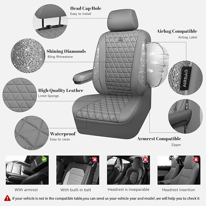 CAR PASS Bling Diamond Gray Leather Car Seat Covers Full Sets Interior Sets, Waterproof Shining Glitter Sparkly Crystal Unive