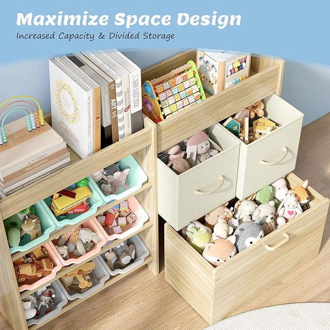 EXPERLAM Toy Storage Organizer for Kids, 9-Bin Toy Organizer with 2-Drawers,Movable Toy Chest and Top Rack, Kids Bookshelf an