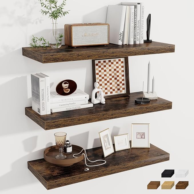 Fun Memories Deep Floating Shelves, 32W x 12D Rustic Brown Wall Shelves, 32 Long Rustic Wood Wide Storage Shelves for Bedroom