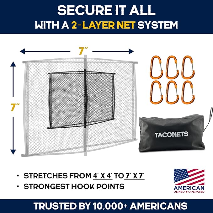 Upgraded Highly Elastic Cargo Net, USA Company, Simple Truck Bed Cargo Mesh Organizer, Suitable for Light Loads, Heavy Duty Carabiners, 4'x4' Double Layer