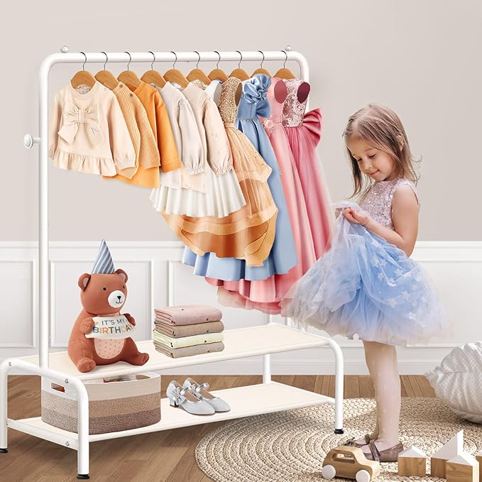 Kids Clothing Rack - Dress Up Clothes Rack - Baby Toddler Closet - Mini Freestanding Coat Racks with 2 Fabric Shelves - Small