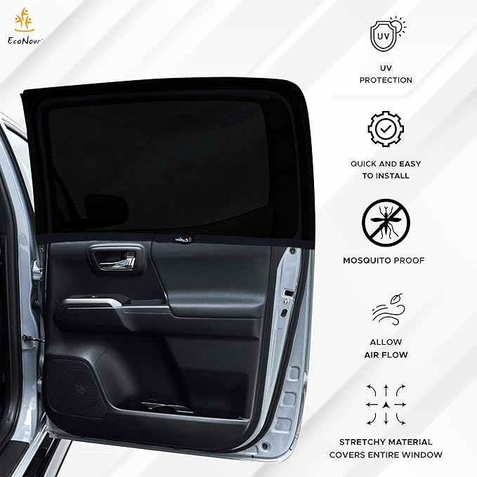 EcoNour Car Rear Window Sun Shades Compatible for Toyota Tacoma | 2Pack Breathable Sunshade with 100% UV & Mosquito Protection | Mesh Rear Window Covers for Privacy & Blackout-Car Window Accessories