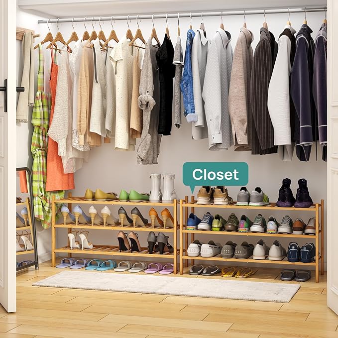 viewcare 3-Tier Long Shoe Rack, Bamboo Wood Shoe Rack for Closet, Entryway & Hallway, Stackable | Beautiful | Functional | St