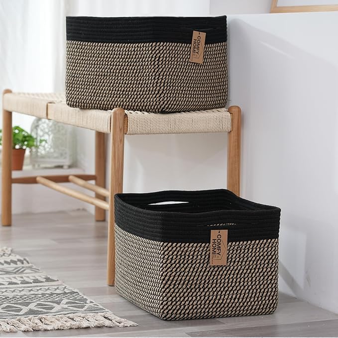 COMFY-HOMI Cotton Rope Woven Basket with Handles for Shelves,Toys,Book, Cloth Storage Baskets Bin for Organizing-13.5"x11"x9.