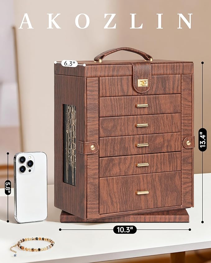 AKOZLIN 360° Rotating Jewelry Box Extra Large 6-Tier Organizer Functional Jewelry Storage Case for Women Girls Ring Necklace 