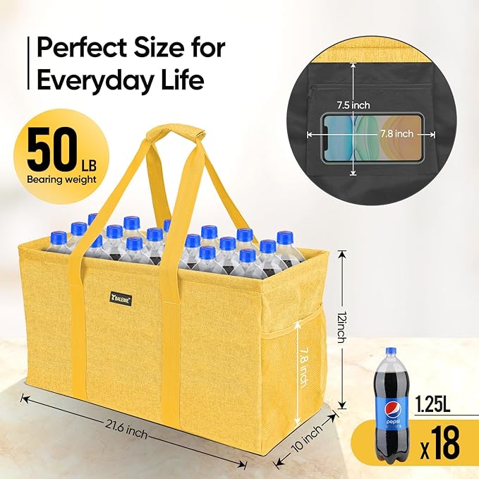 BALEINE Extra Large Utility Tote Bag with Reinforced Wire Frame, Reusable Grocery Bag for Shopping, Picnic (Yellow, 22''x12''x10'')