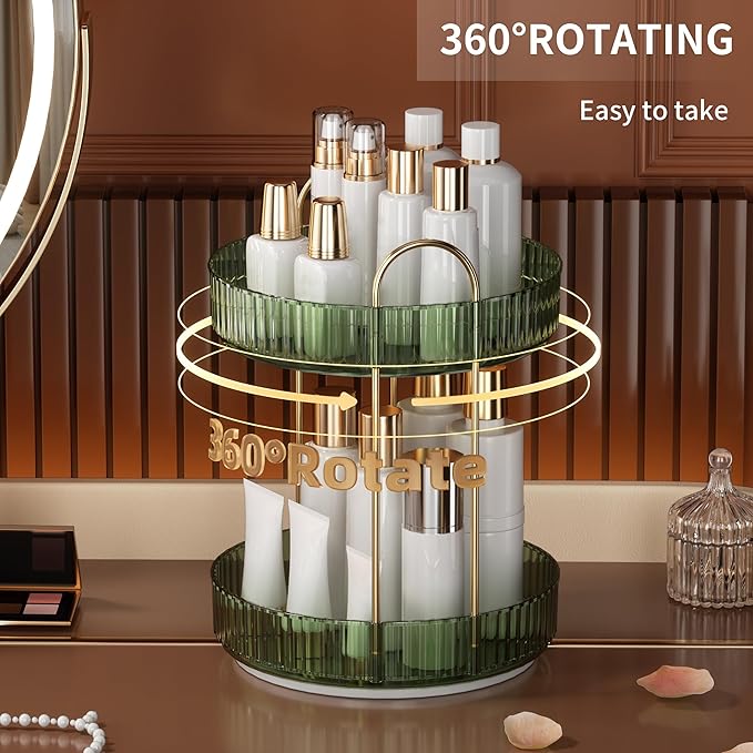 YCIA&DONE 360 Rotating Makeup Organizer and Storage for Vanity Countertop 2 Tiers, High Capacity Cosmetic Skincare Perfume Or