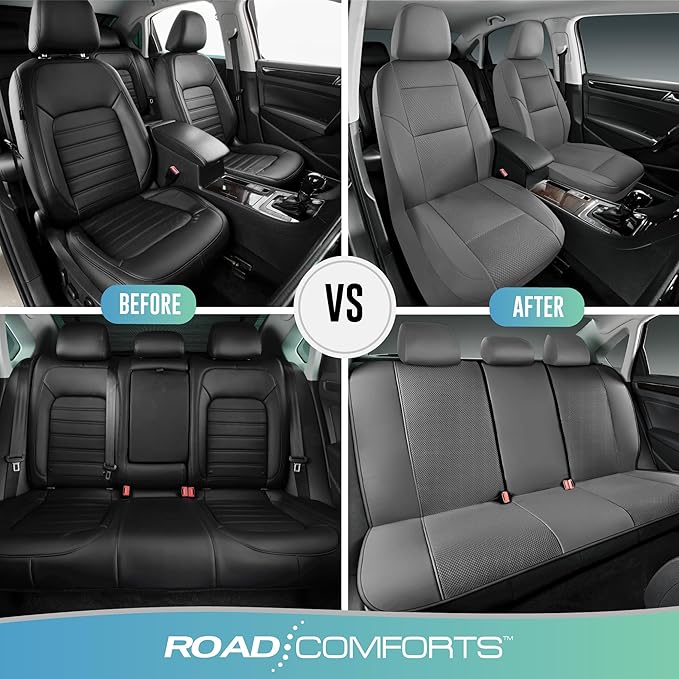 Road Comforts Full Set Leather Mesh Car Seat Cover - Front and Rear, Breathable & Stylish, Airbag Compatible, Universal Fit f