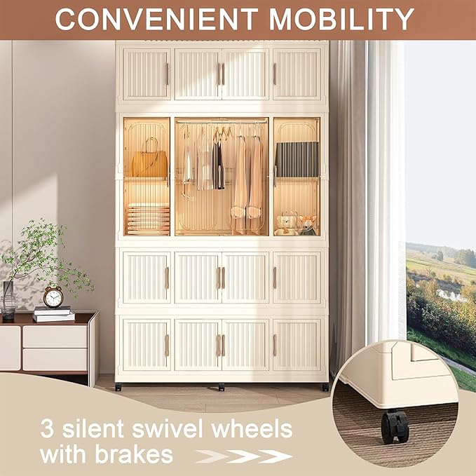Portable Wardrobe Closet, Folding Bedroom Armoire, Plastic Closet Organizer with Hanging Rod, Clothing Storage Bins with Magn
