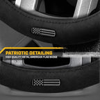 Cat® US Flag Leather Steering Wheel Cover w Metal Flag Emblem, Black Leatherette, Standard 14.5–15.5 Inch, Non Slip Comfort, Car Steering Wheel Cover for Truck SUV Auto, American Flag Car Accessories