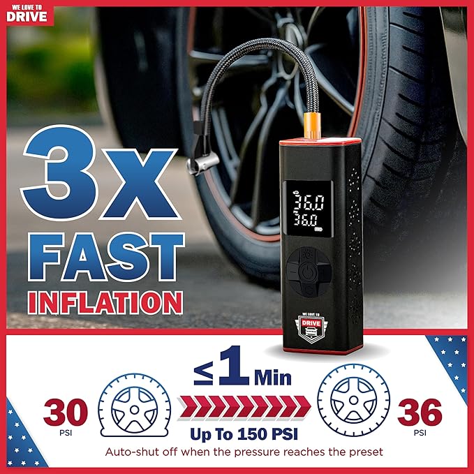 Tire Inflator Portable Air Compressor with LED Light – 12V DC Cordless Air Pump & Auto Shut-Off Function, 150 PSI Electric Air Pump for Car Tires with Digital Tire Pressure Gauge and Car Accessories
