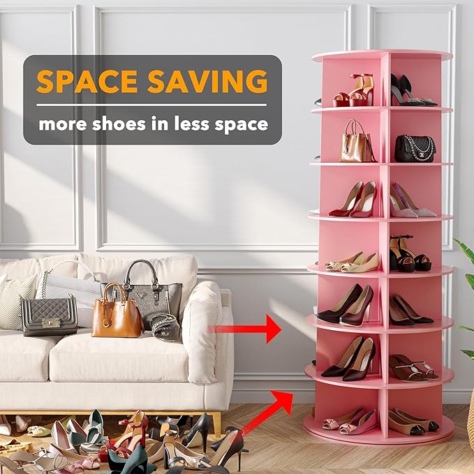 SpaceAid 7 Tier Rotating Shoe Rack Tower, Spinning Shoe Display Lazy Susan, Revolving 360 Shoe Rack Storage Round Carousel, V