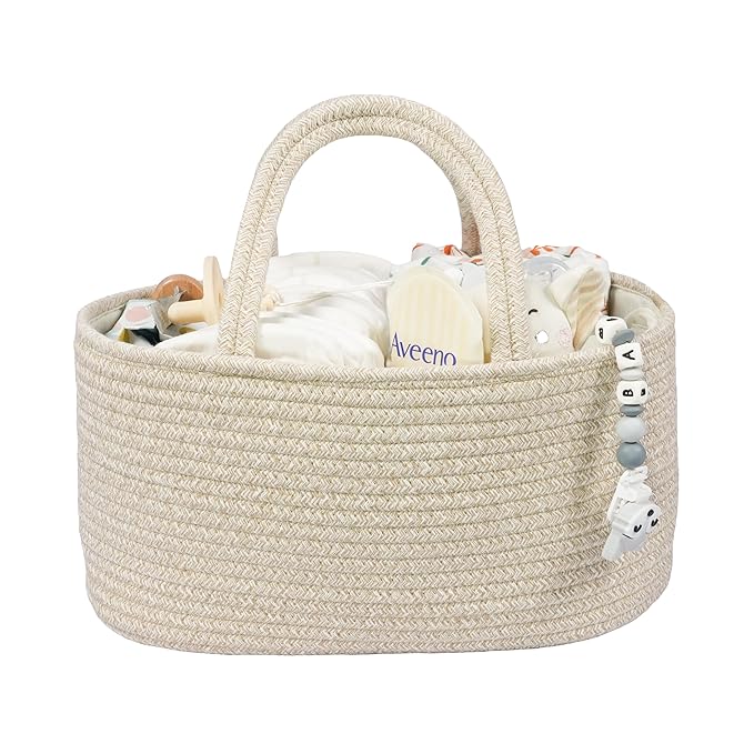Baby Diaper Caddy Organizer for Girl Boy Cotton Rope Nursery Storage Bin Basket Portable Holder Tote Bag for Changing Table C