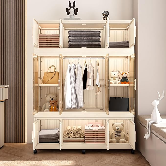 Portable Closet Storage with Magnetic Doors and Wheels, Foldable Armoire Wardrobe Closet with 1 Hanging Rod, 12 Cubes and 6 H