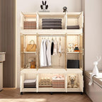 Portable Closet Storage with Magnetic Doors and Wheels, Foldable Armoire Wardrobe Closet with 1 Hanging Rod, 12 Cubes and 6 H