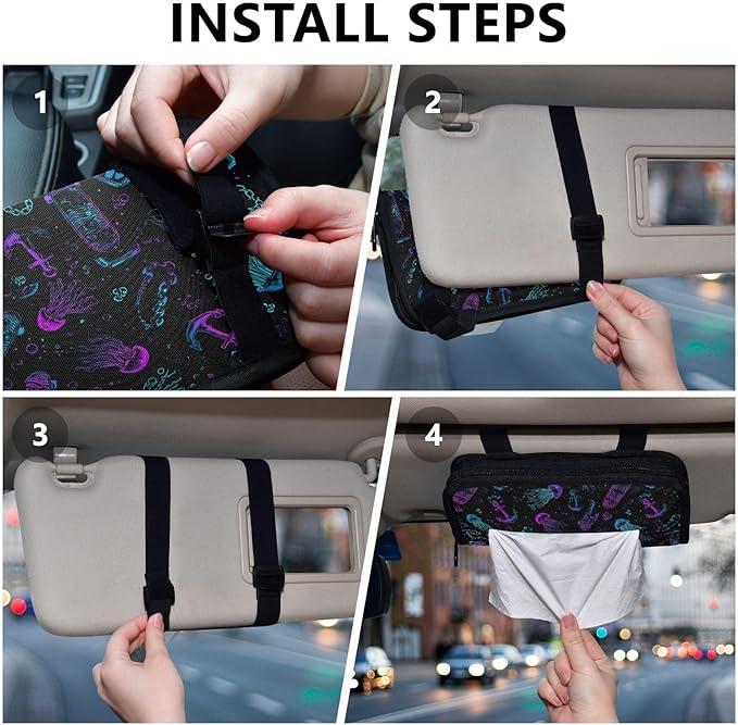 Car Tissue Holder Car Visor Organizer Tissue Box Holder for Car Sun Visor Organizer with Car Vehicle Accessories Essentials Interior for Women Men Black Jellyfish Anchor Skateboard Neon
