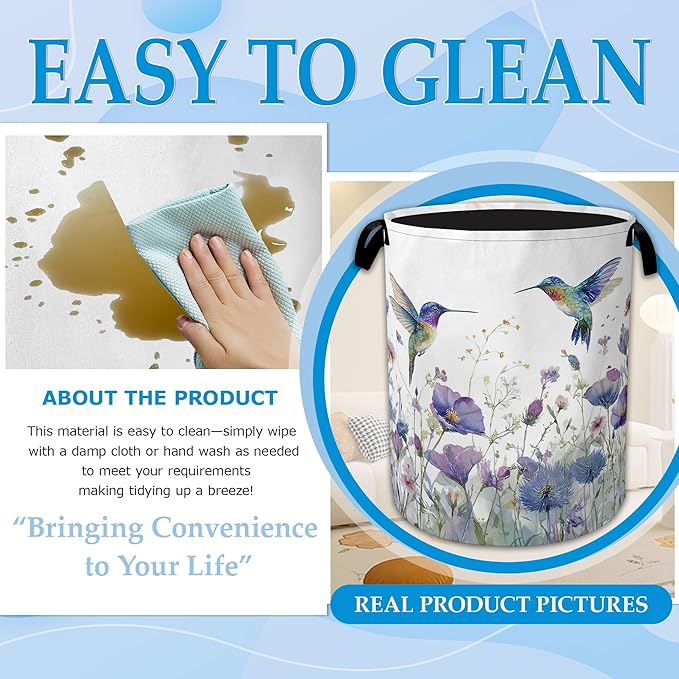 Hummingbird Flowers Laundry Basket Collapsible Laundry Hamper Clothes Toy Storage Bin for Bathroom Bedroom Room Decor 16" X 2