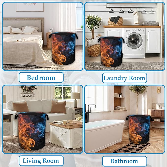 Red Blue Fire Laundry Basket Collapsible Laundry Hamper, Oxford Cloth Storage Bin for Room/Bathroom/Bedroom/Dormitories 16" X