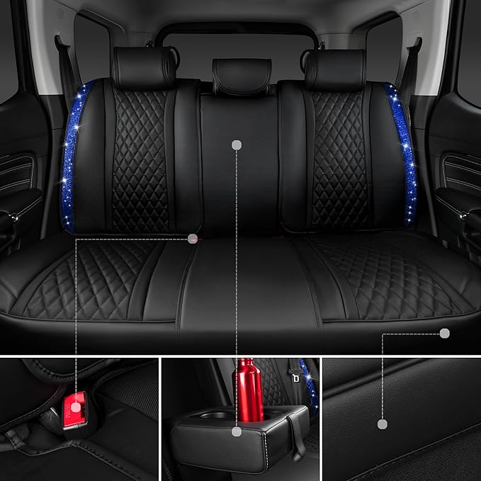 CAR PASS Nappa Leather seat Covers Bling Diamond Car Seat Covers Full Set Universal Cushioned, Waterproof Heavy-Duty Anti-Sli