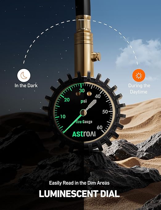 AstroAI Tire Pressure Gauge for Cars with Large 2" Dial, Solid Brass with Rubber Hose, Air Bleeder Valve, ANSI B40.1, 0-60PSI