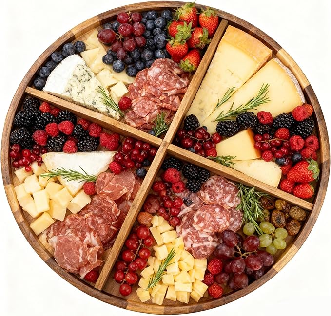 Utoplike Extra Large Acacia Wood Serving Tray, 23.6'' Round Charcuterie board, Cheese board with Rotating Base Raised Edge an