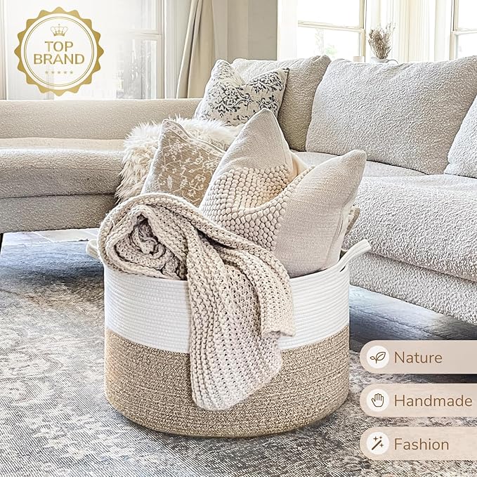 INDRESSME Large Laundry Basket, 21.7'' x 13.8'' Cotton Rope Blanket Basket Living Room Toy Baskets Storage Kids, Woven Basket