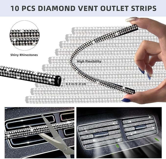 NBTEPEM 30 Pcs Bling Car Accessories Set for Women, Silver Steering Wheel Cover Set, Bling Console Cover, Seat Belt Cushion, Shift Knob Cushion, Cup Holder Coaster, Rhinestone Car Hanging Accessories