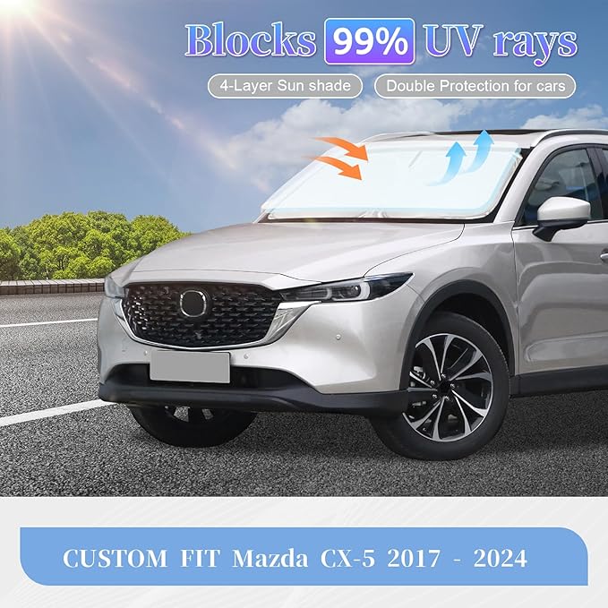 for Mazda CX5 CX-5 2017-2025 2026 Sun Shade Sunshade Windshield Cover, 4-Layer Front Window Shade Custom Fit CX5 Sport, Touring, Grand Touring, 4 Door Crossover Sun Visor 240T Fabric Shade