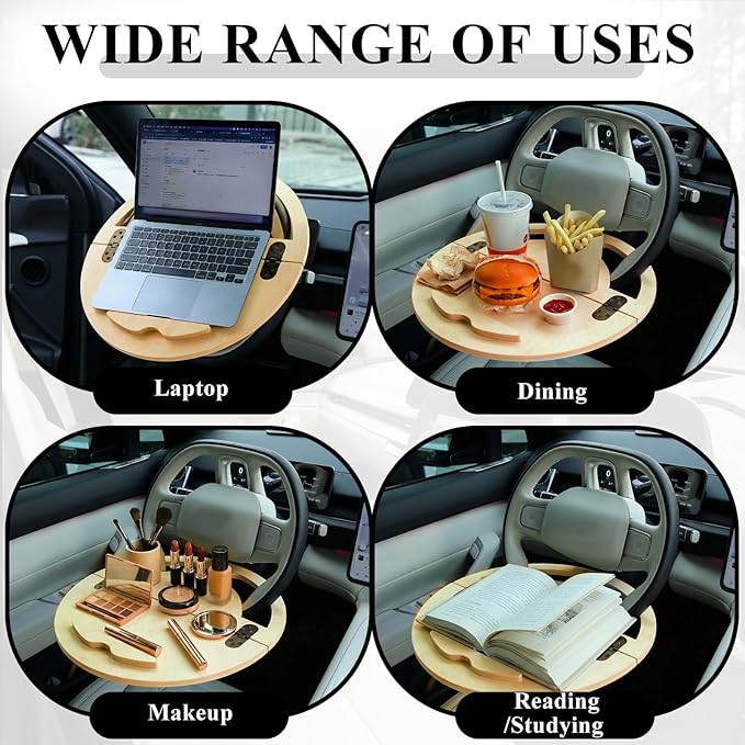 Outus 2 in 1 Car Steering Wheel Tray Steering Wheel Desk for Laptop Wooden Car Table Foldable for Eating Food Writing Work Multipurpose Travel Cars Accessories