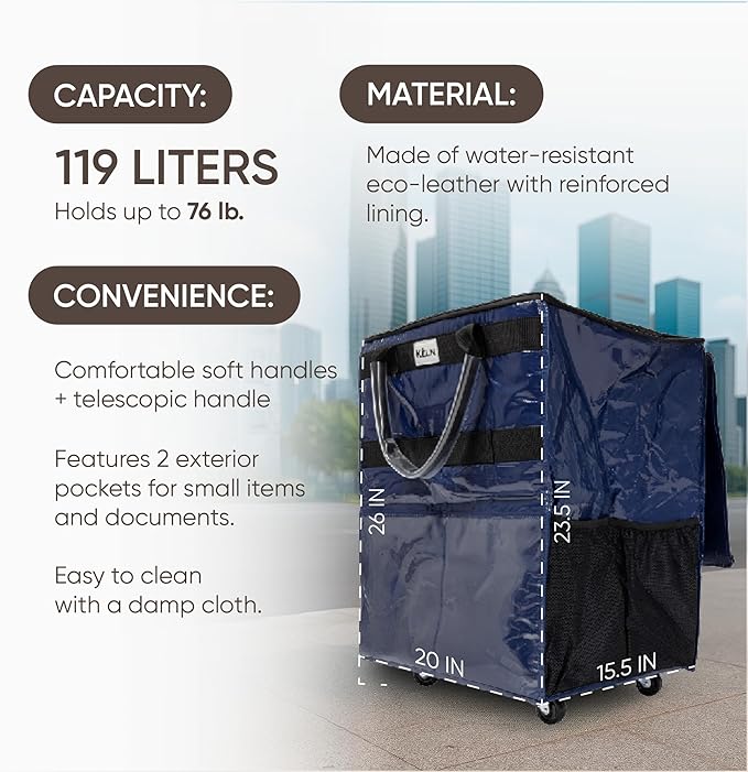 KELN Rolling Tote Bag with Wheels – Heavy Duty Foldable Shopping Bag with Handle – Reusable Grocery Bag on Wheels
