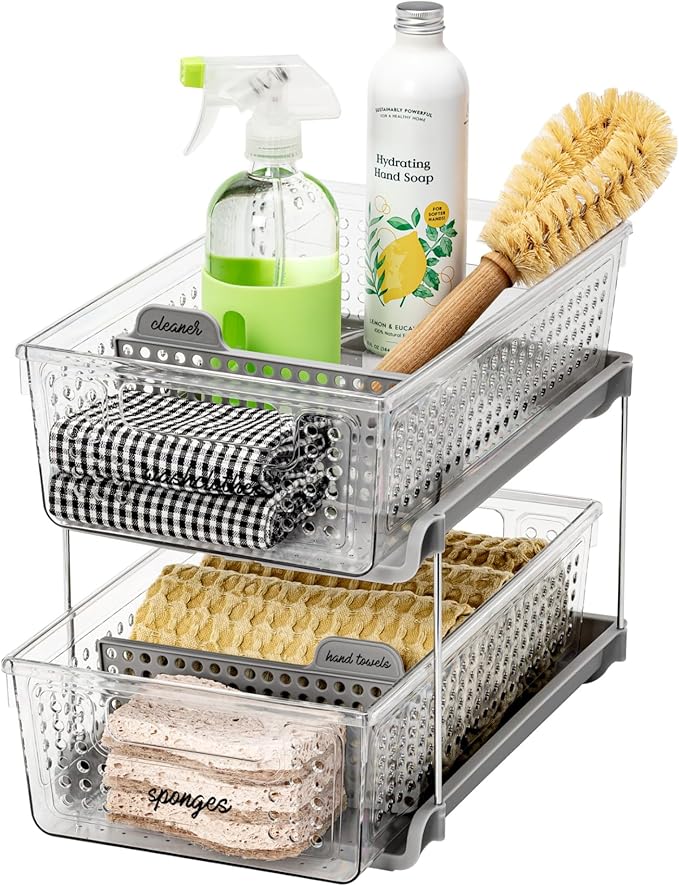 madesmart 2 Tier Organizer, Under Cabinet Storage with Pull Out Sliding Drawers, for Cleaning Supplies, Undersink, Sponges, B