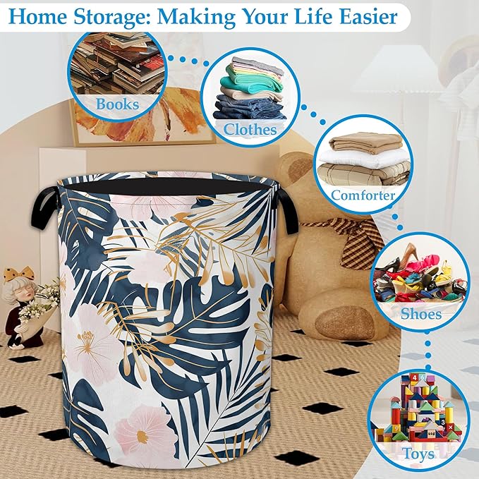 Palm Leaves Flowers Laundry Basket Collapsible Laundry Hamper Clothes Toy Storage Bin for Bathroom Bedroom Room Decor 16" X 2