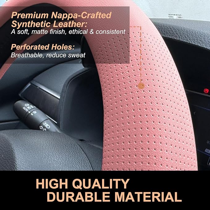 PINCTROT D Shaped Nappa Leather Steering Wheel Cover, Slim Fit No Bulk Design, One Piece Leather with Breathable Perforation,