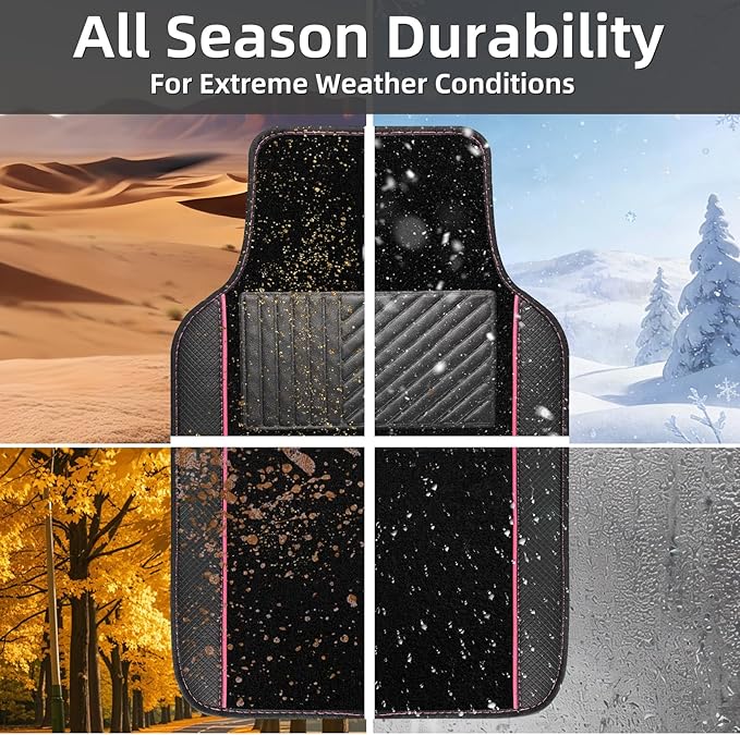 NBTEPEM Waterproof Universal Fit Car Floor Mats, Faux Leather Sporty Car Carpet Mats with Anti-Slip Nibbs Backing & Driver Heel Pad Fit for SUV, Vans, Sedans, Trucks, Set of 4 (Black with Pink line)