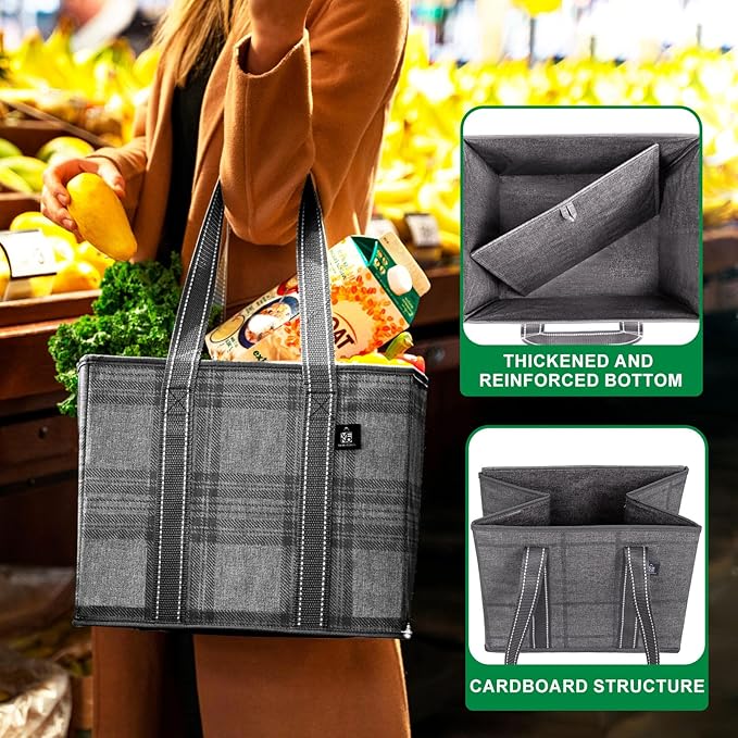 VENO 3 Pack Reusable Grocery Bags, Shopping Bags for groceries, Utility Tote with Handles and Hard Bottom, Foldable Shopping Cart Organizer, Water Resistant, Heavy-Duty (Windowpane, 6 Gallon)