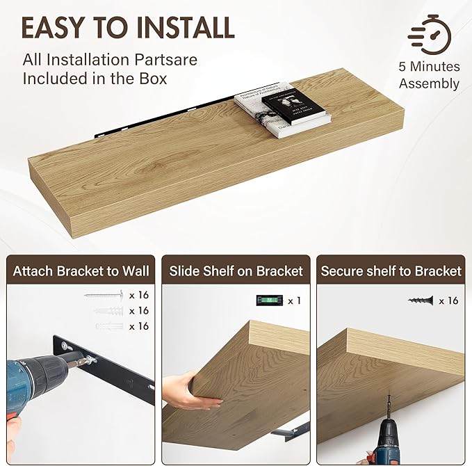 40 Inch Floating Shelves, 12" Deep Floating Shelf Wall Mounted, 40" Wall Shelves, Rustic Deep Bookshelf, Extra Deeper & Thick