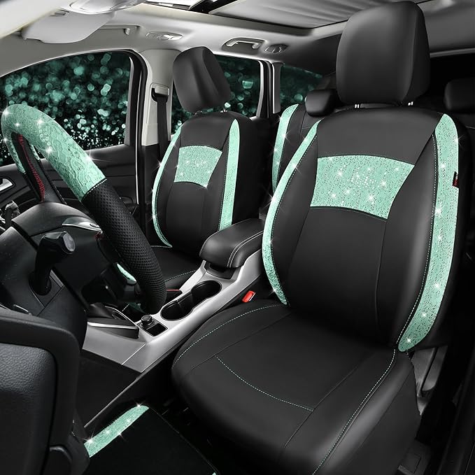 CAR PASS Universal Mint Leather Lace Car Seat Covers Full Set for Women Girls, Waterproof Car Floor Mats Carpet, Glitter Stee